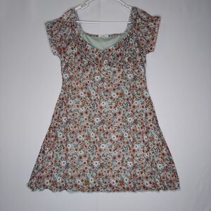 Ultra Flirt Dress 1X Green Pink Floral Mesh Empire Scoop Neck Short Puff Sleeve